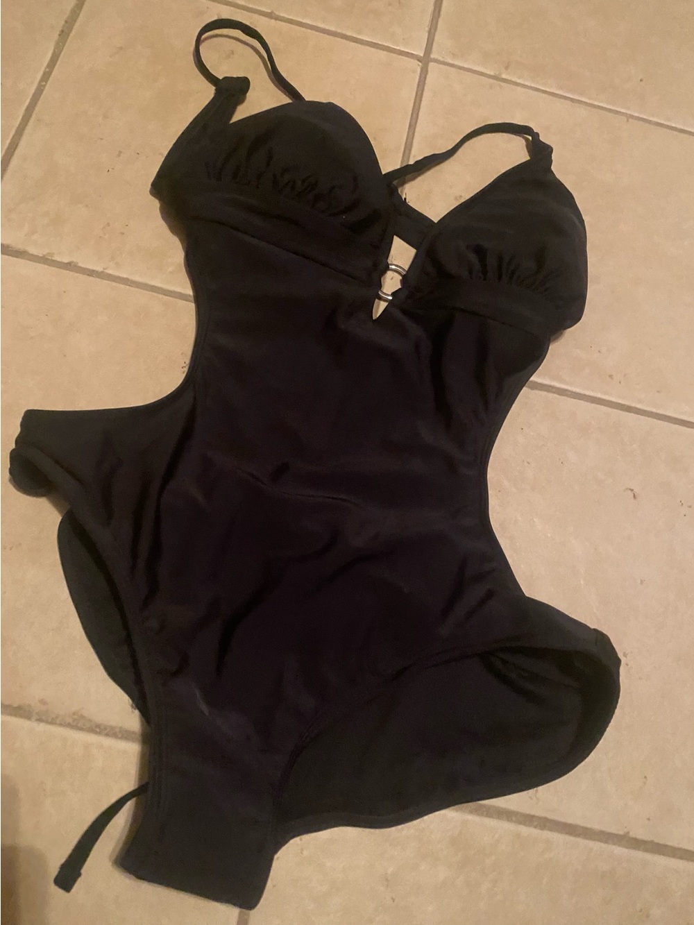 Black Women's Cutout One-Piece Swimsuit/ BACK OUT- TIE AROUND NECK